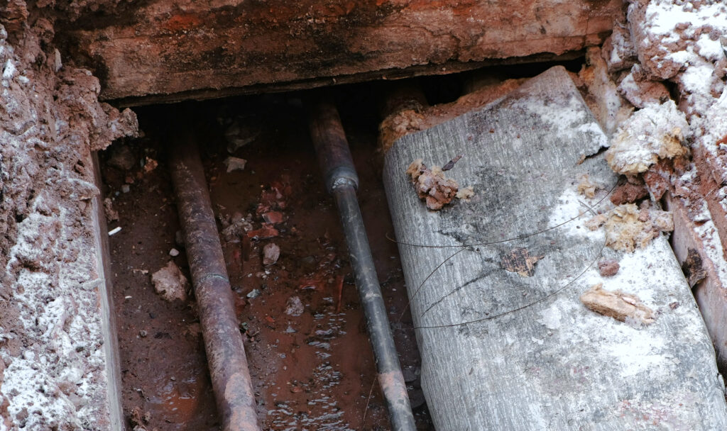 Exposed cracked pipes under a slab